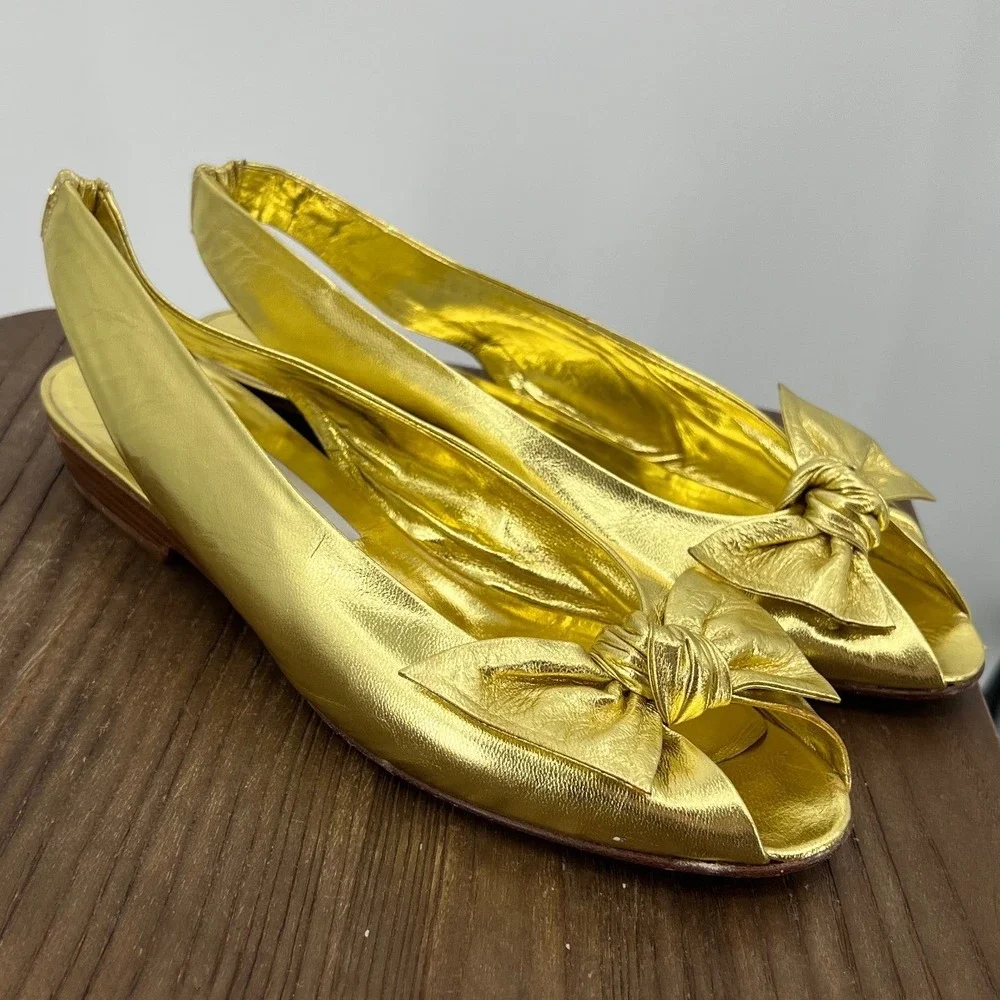 Sergio Rossi Vintage Metallic Gold Leather Slingback Bow Flats Size 39 Italy